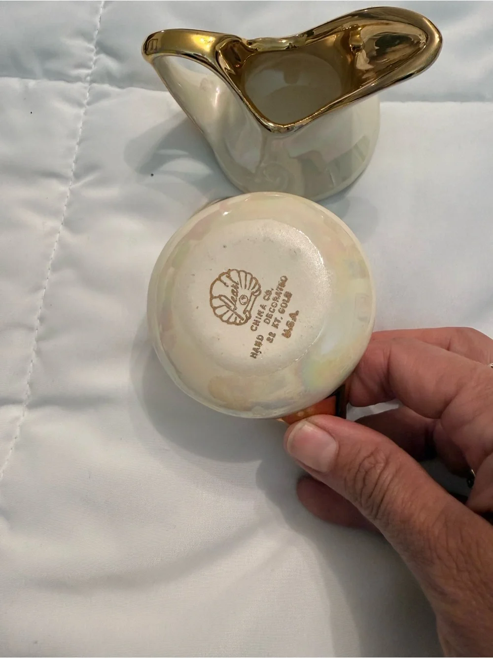 Pearlescent Cream Ceramic Creamer and Sugar Bowl with Gold Trim